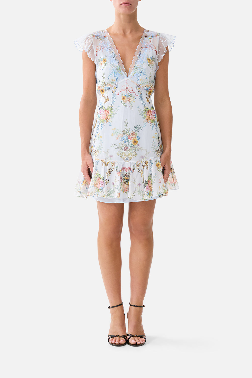 The CAMILLA ruffle sleeve short dress in our print Seville Sweetheart. Front model view.