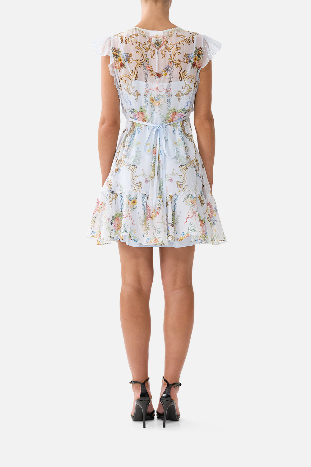 The CAMILLA ruffle sleeve short dress in our print Seville Sweetheart. Back model view.