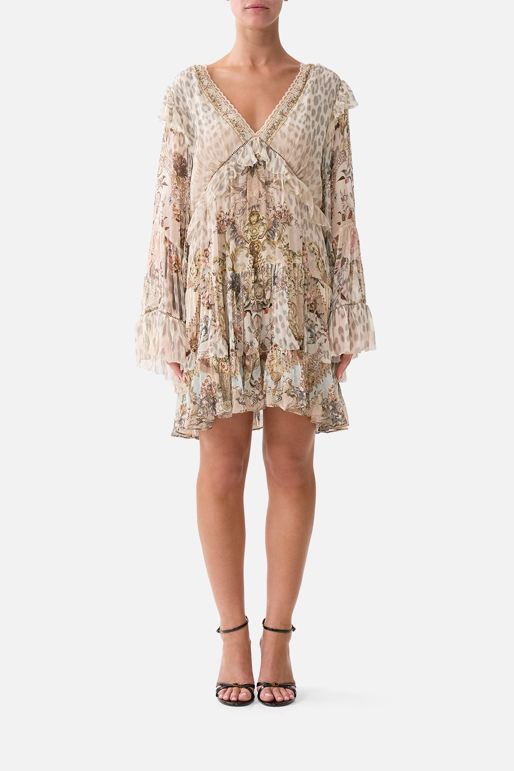 The CAMILLA TIERED SWING MINI DRESS ARANJUEZ ANIMALIA in our ARANJUEZ ANIMALIA print.