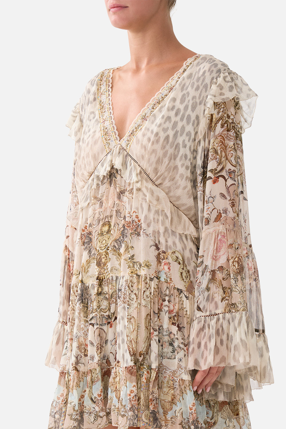 The CAMILLA TIERED SWING MINI DRESS ARANJUEZ ANIMALIA in our  print.