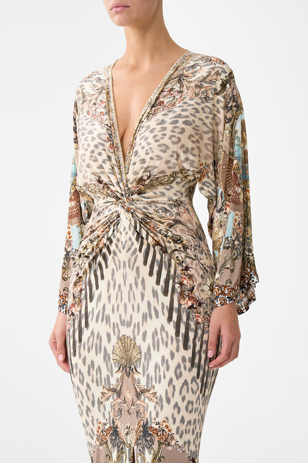 The CAMILLA long split front twist dress in our print Aranjuez Animalia.