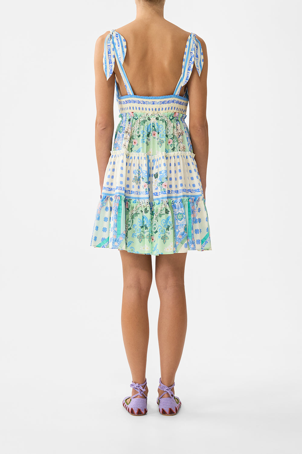 The CAMILLA TIERED SHORT DRESS WITH SHOULDER TIES MIDSUMMER MOSAICS in our  print.