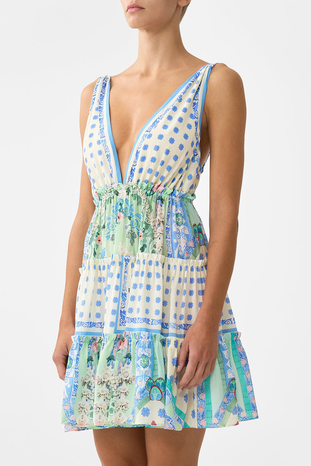 The CAMILLA TIERED SHORT DRESS WITH SHOULDER TIES MIDSUMMER MOSAICS in our  print.