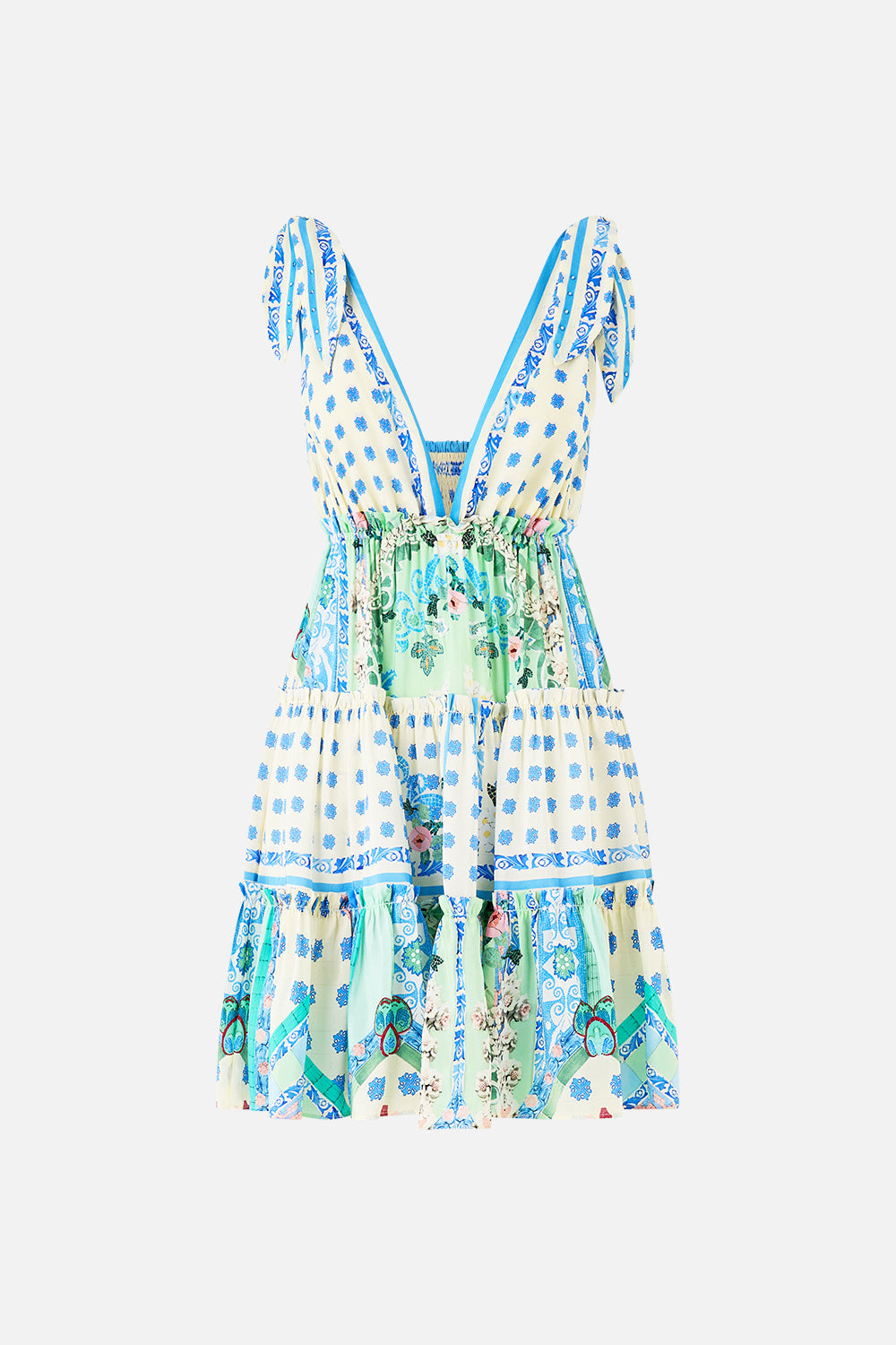 The CAMILLA TIERED SHORT DRESS WITH SHOULDER TIES MIDSUMMER MOSAICS in our  print.