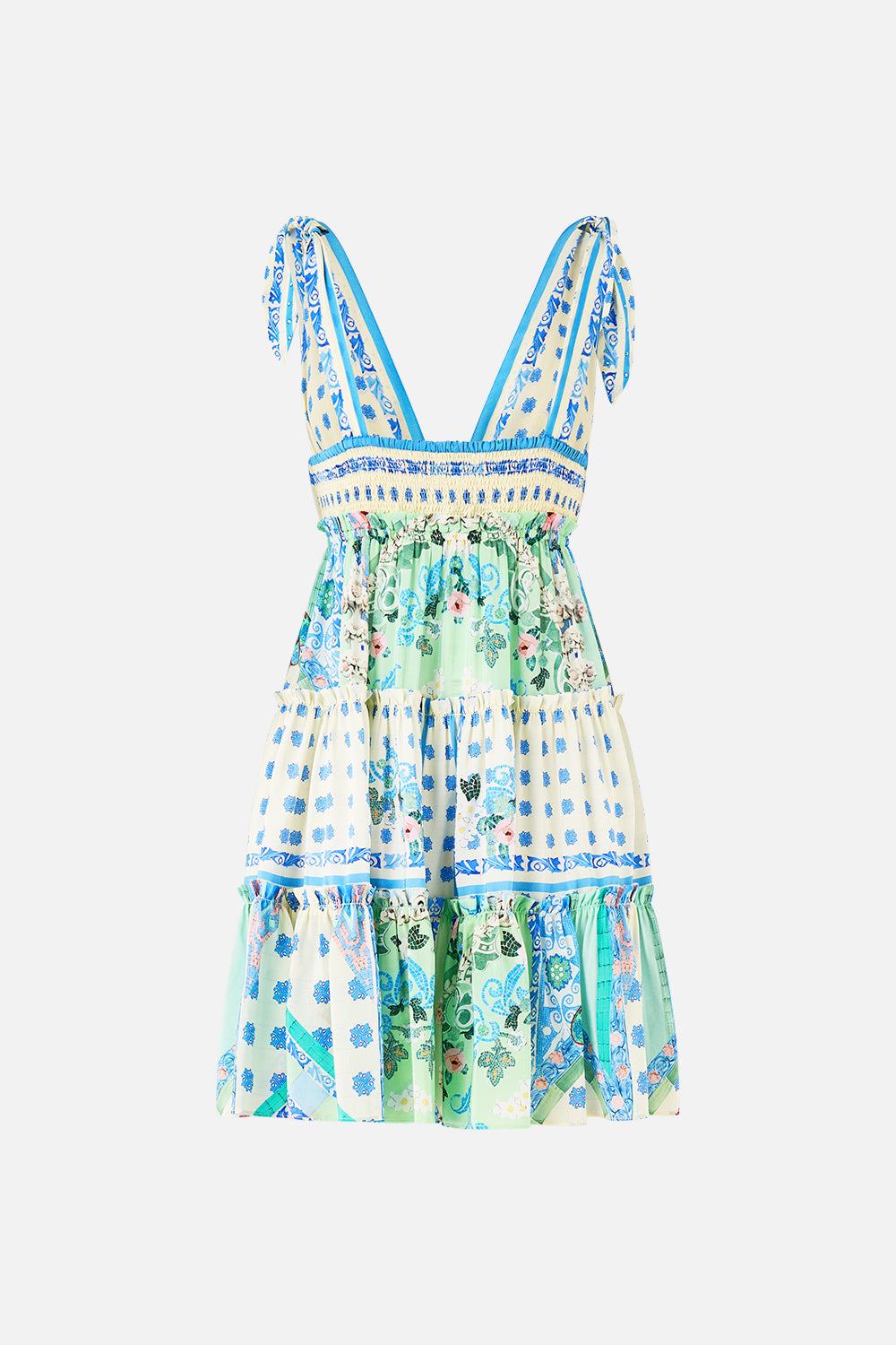 The CAMILLA TIERED SHORT DRESS WITH SHOULDER TIES MIDSUMMER MOSAICS in our  print.