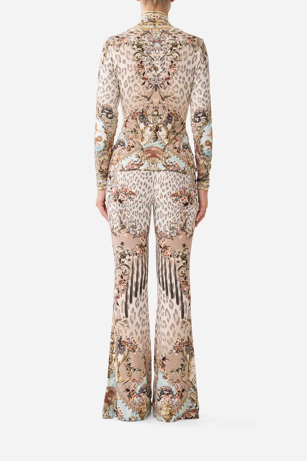 The CAMILLA high waisted flared trouser in our print Aranjuez Animalia. Back model view.