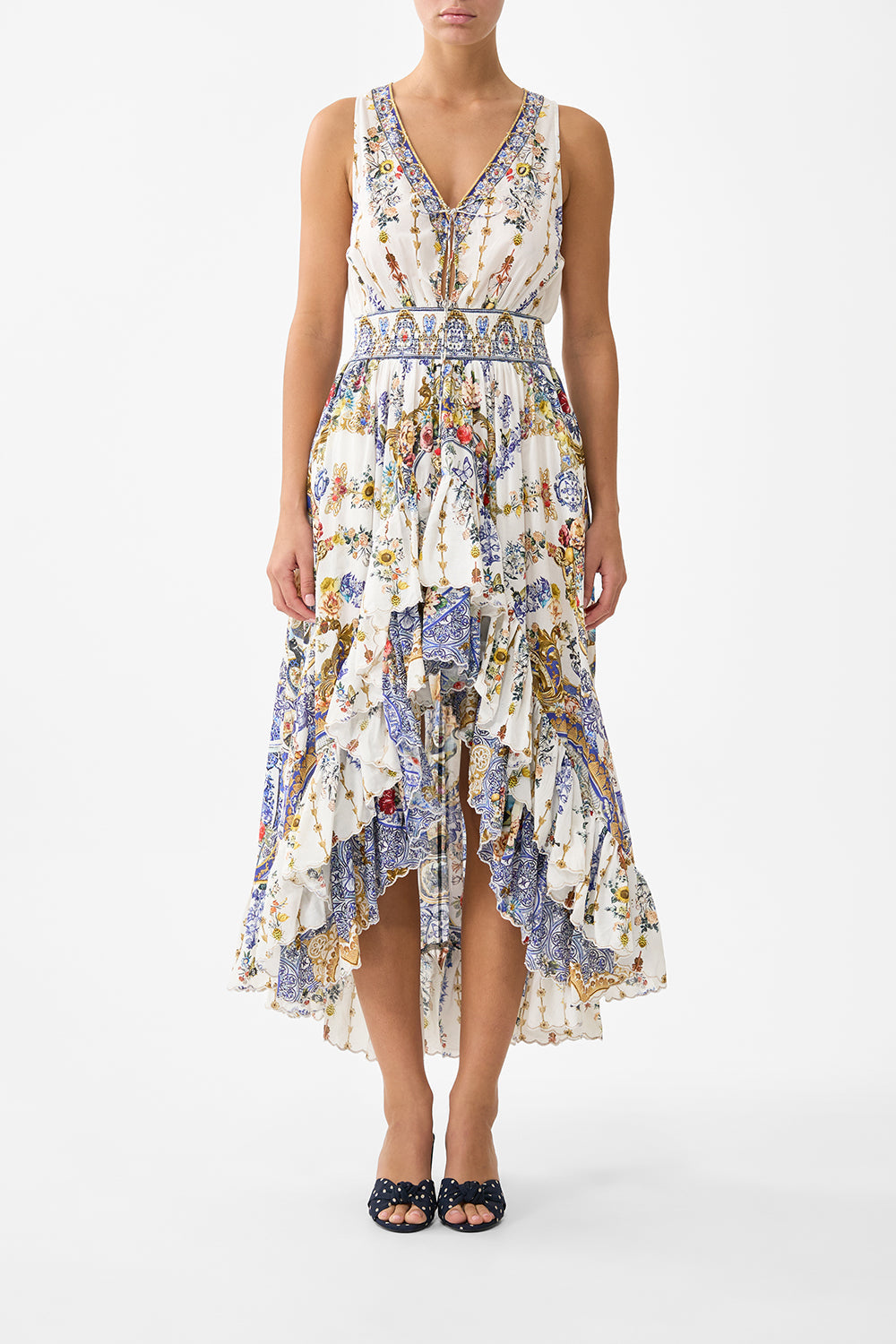 The CAMILLA V NECKLINE HIGH LOW DRESS THE POTTERY PARLOUR in our THE POTTERY PARLOUR print.
