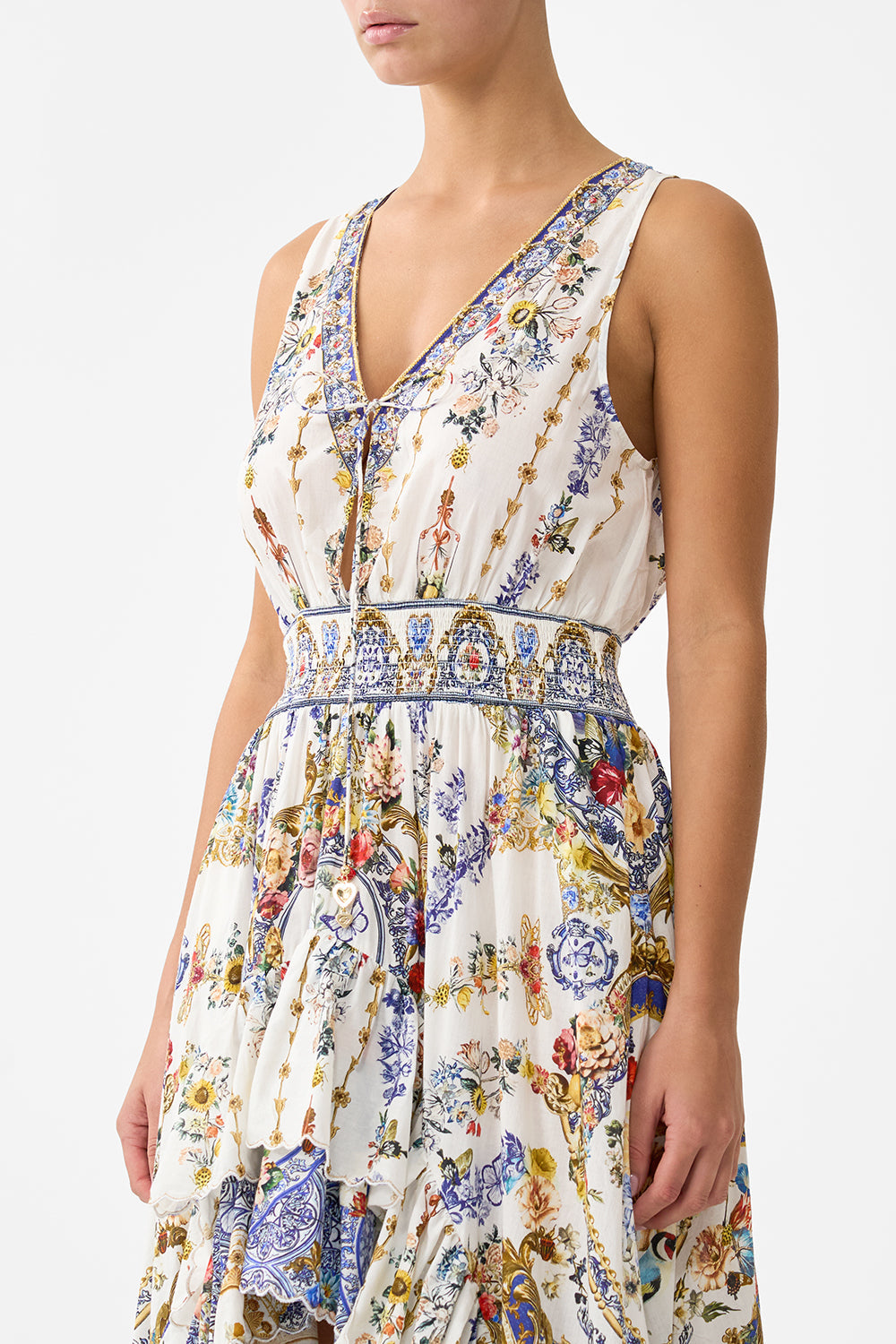 The CAMILLA V NECKLINE HIGH LOW DRESS THE POTTERY PARLOUR in our  print.