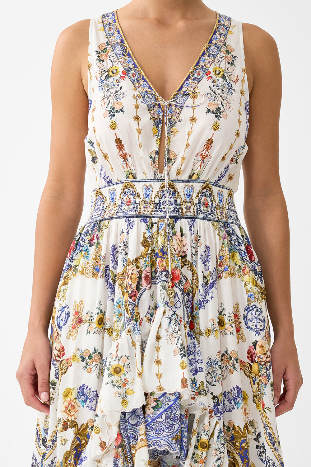 The CAMILLA V NECKLINE HIGH LOW DRESS THE POTTERY PARLOUR in our  print.