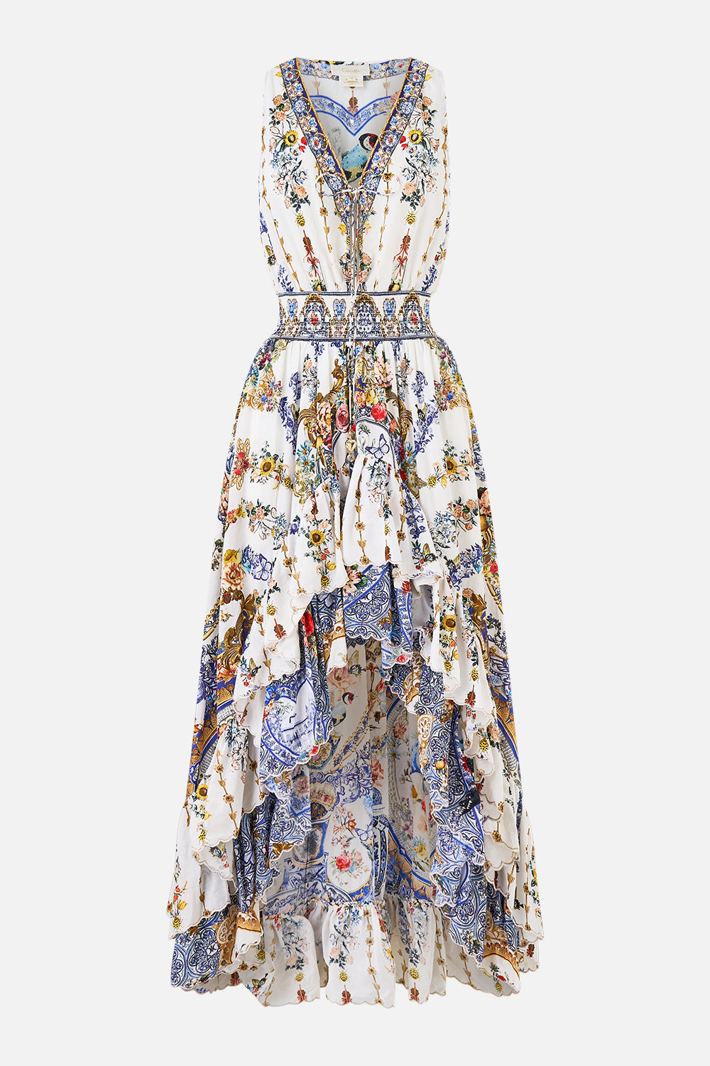 The CAMILLA V NECKLINE HIGH LOW DRESS THE POTTERY PARLOUR in our  print.