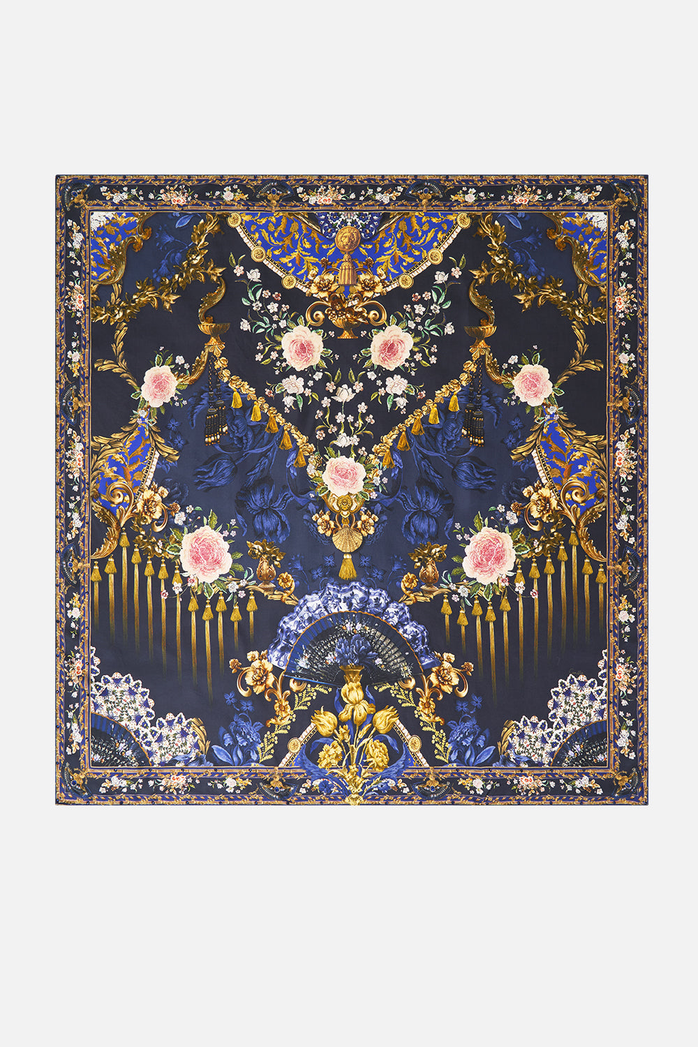 The CAMILLA large crystalled silk square scarf in our print Notes from the Blue Room. Front view.