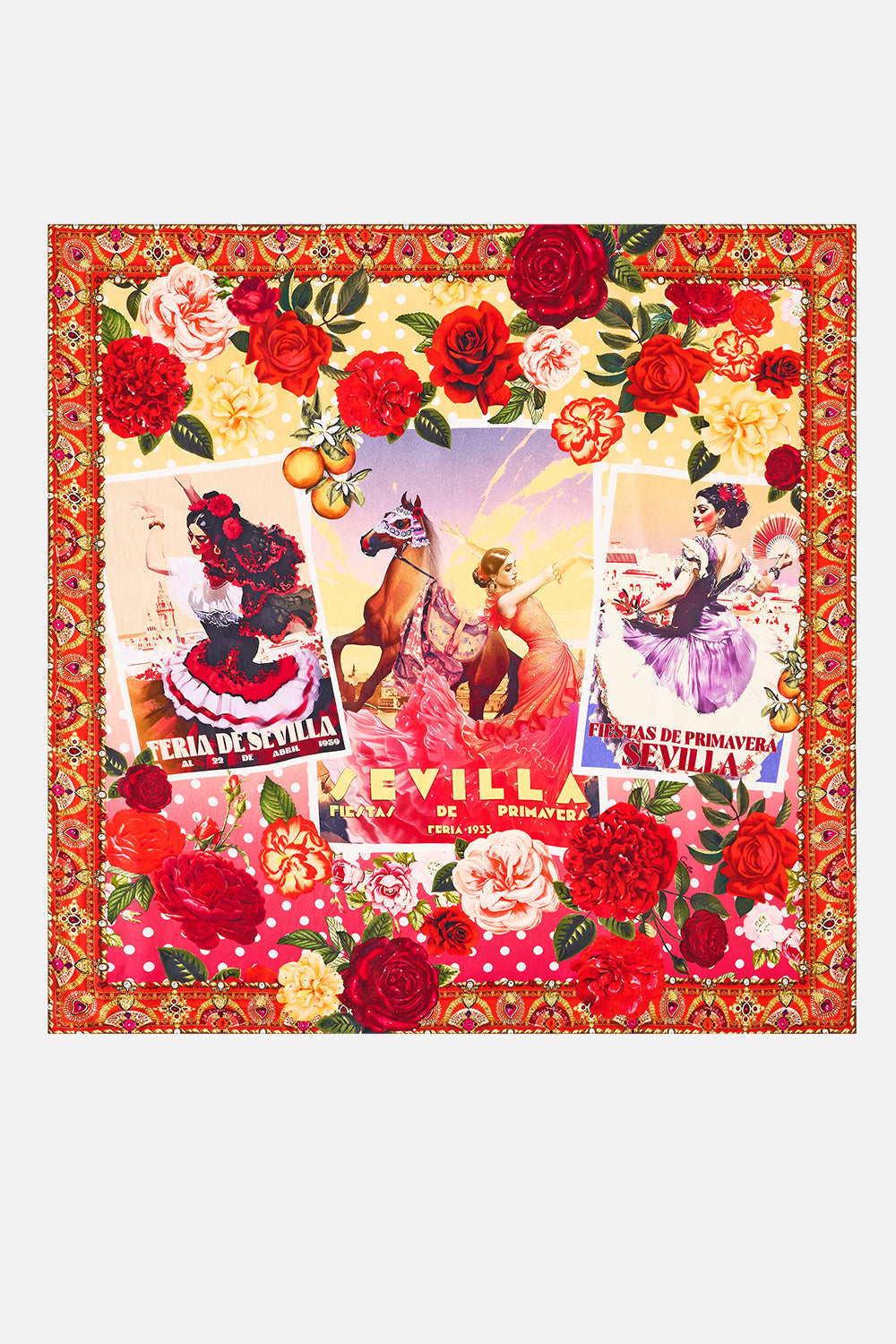 The CAMILLA LARGE CRYSTALLED SILK SQUARE SCARF OLÉ OLÉ in our  print.
