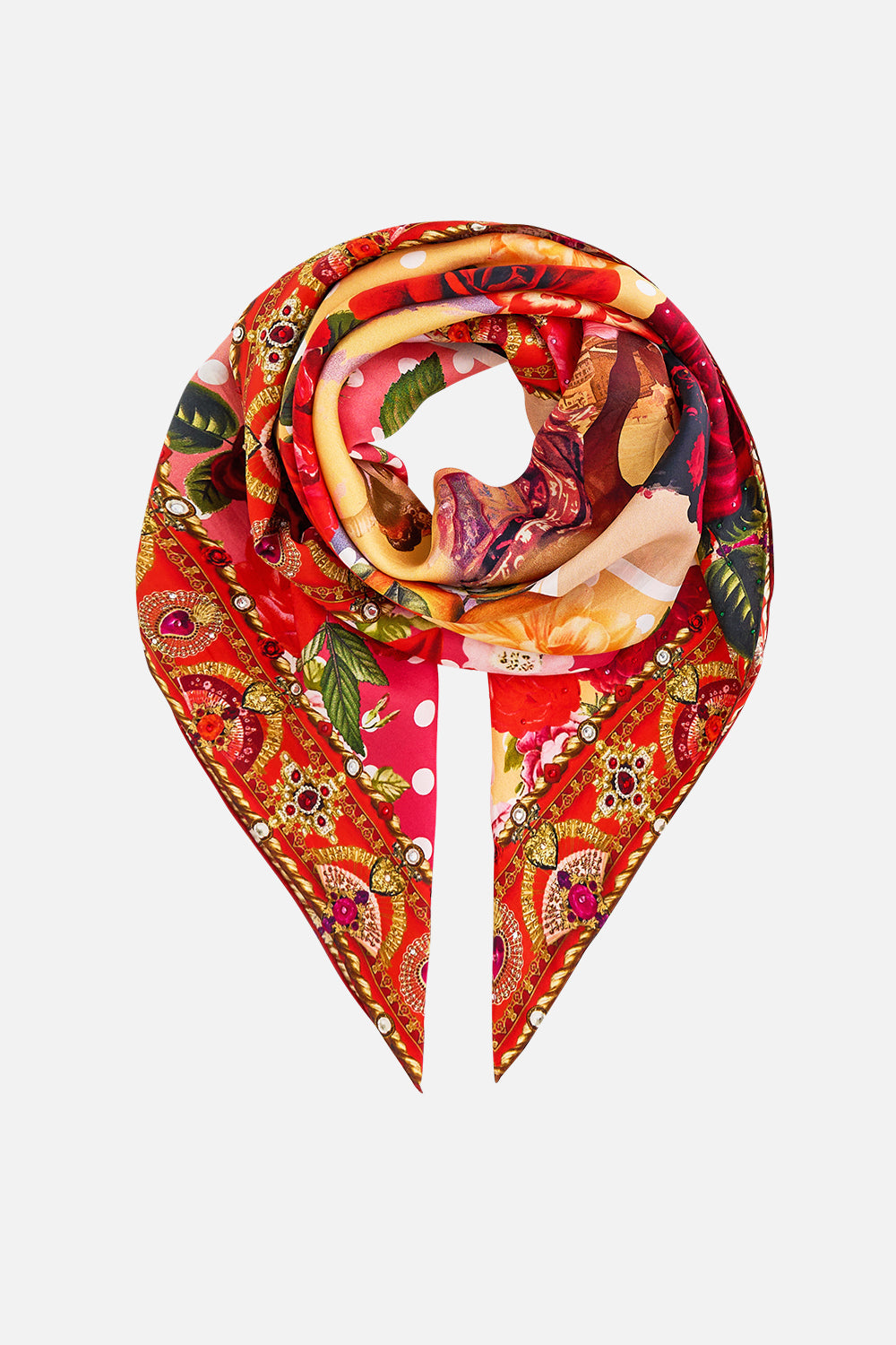The CAMILLA LARGE CRYSTALLED SILK SQUARE SCARF OLÉ OLÉ in our OLÉ OLÉ print.