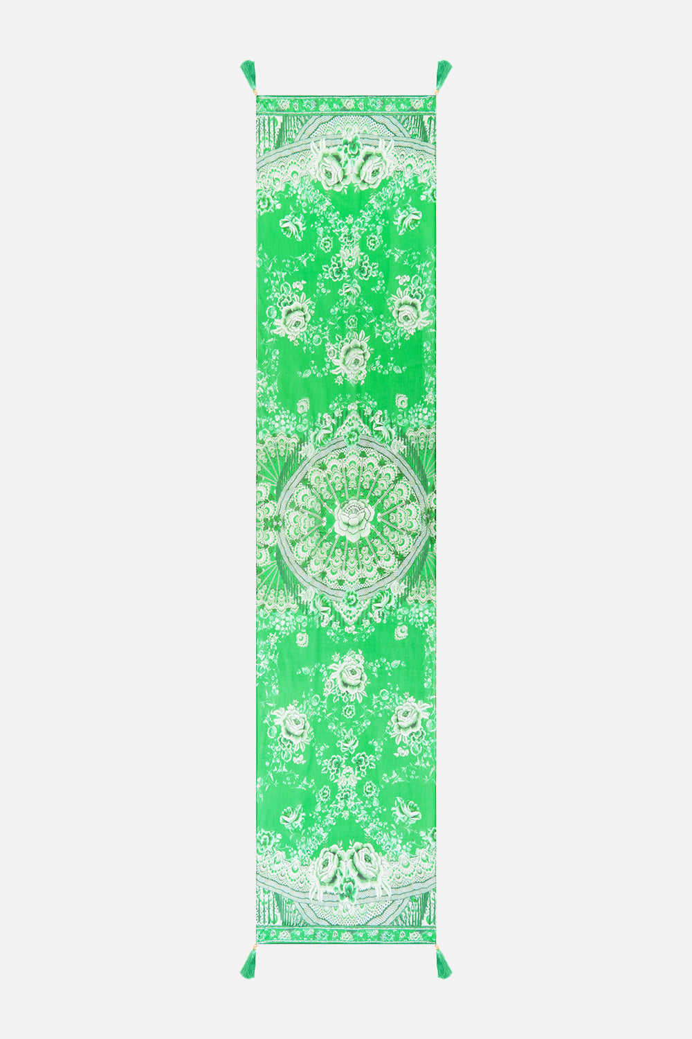 The CAMILLA LONG SILK CRINKLE CHIFFON SCARF SACROMONTE SEÑORITA in our  print.