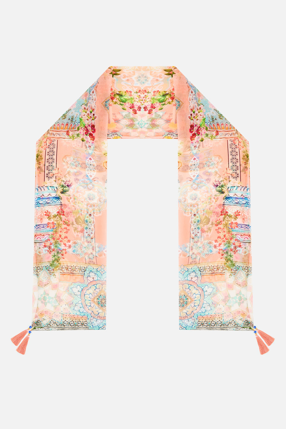 The CAMILLA LONG SILK CRINKLE CHIFFON SCARF MEET ME IN MALLORCA in our MEET ME IN MALLORCA print.