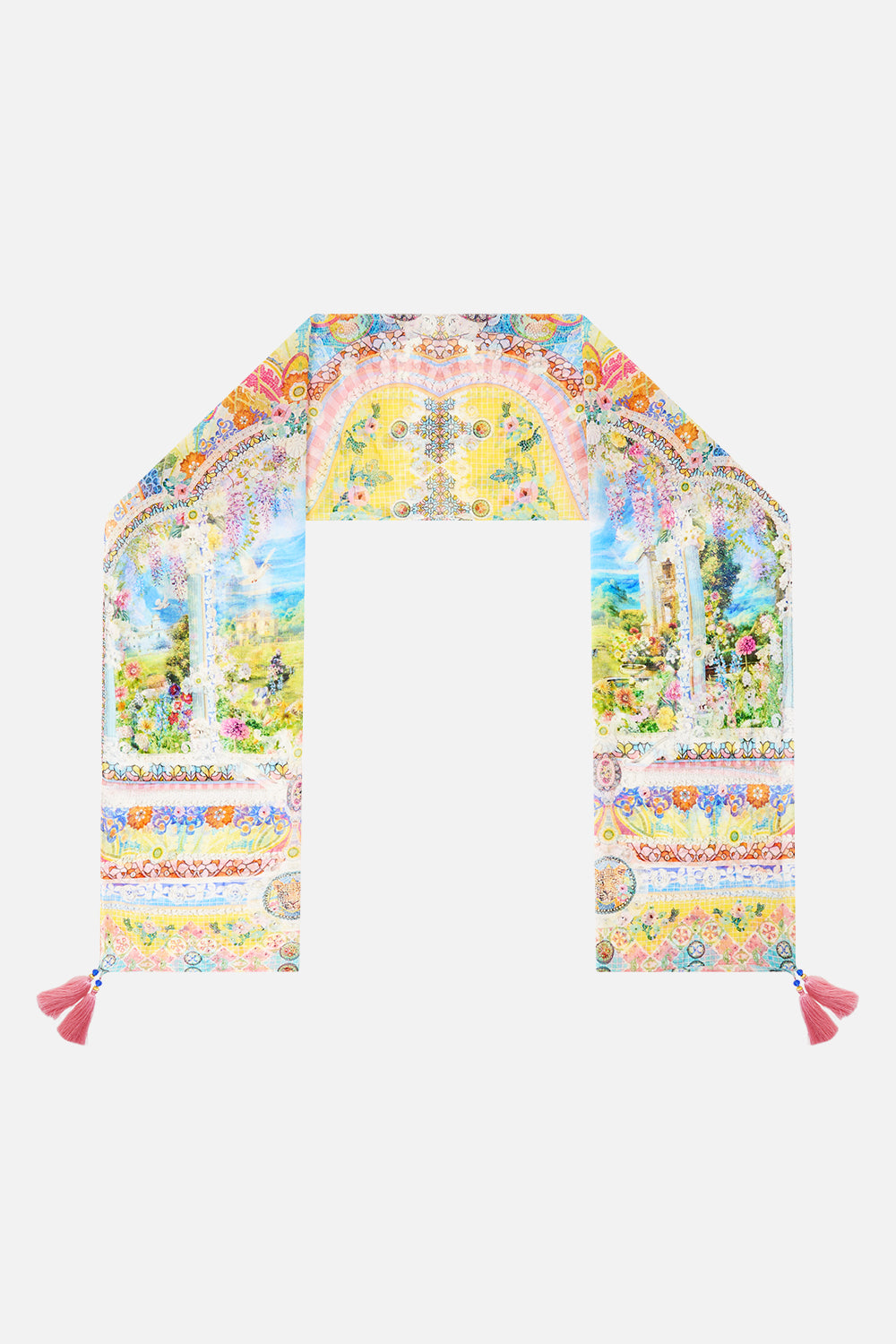 The CAMILLA LONG SILK CRINKLE CHIFFON SCARF NAVÀS NOUVEAU in our NAVÀS NOUVEAU print.