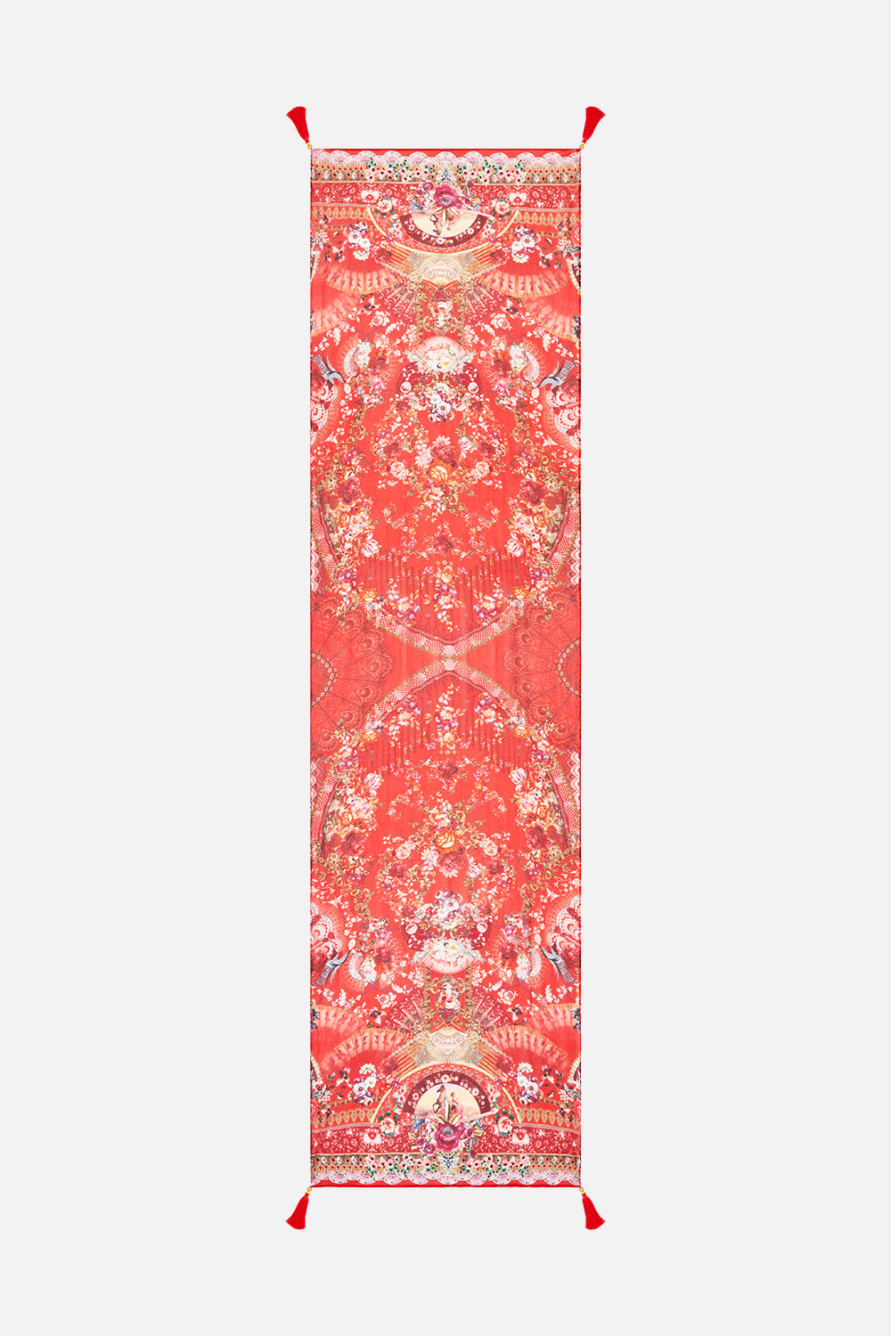 The CAMILLA long silk crinkle chiffon scarf in our print Olé Olé. Front view.