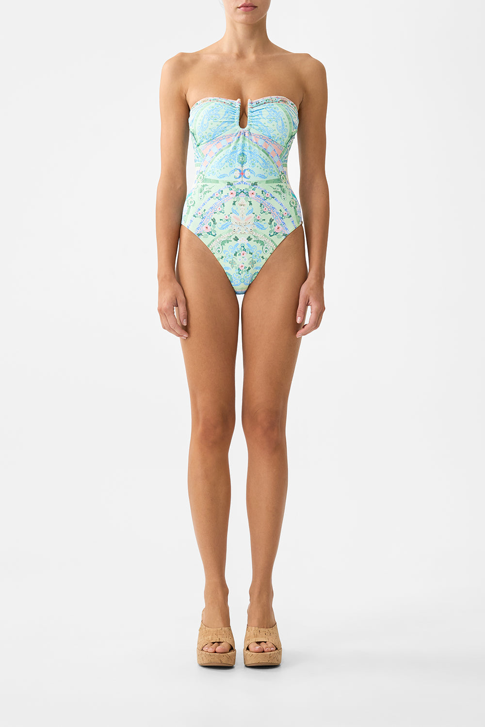 The CAMILLA GATHERED BANDEAU ONE PIECE WITH U RING FRONT MIDSUMMER MOSAICS in our MIDSUMMER MOSAICS print.