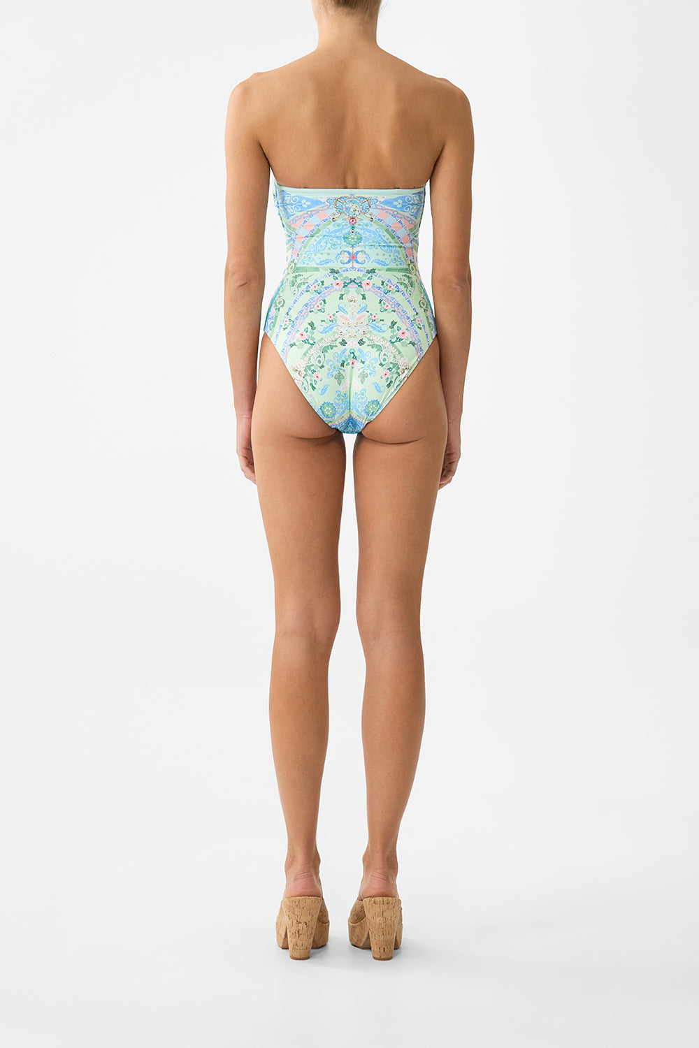 The CAMILLA GATHERED BANDEAU ONE PIECE WITH U RING FRONT MIDSUMMER MOSAICS in our  print.