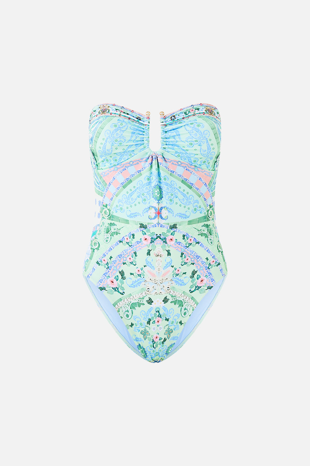 The CAMILLA GATHERED BANDEAU ONE PIECE WITH U RING FRONT MIDSUMMER MOSAICS in our  print.