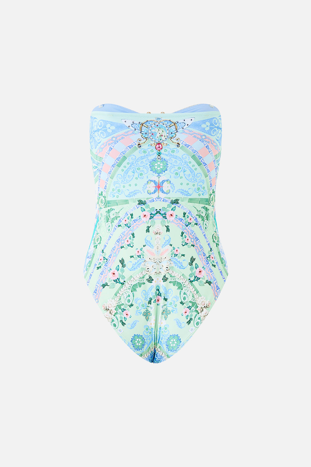 The CAMILLA GATHERED BANDEAU ONE PIECE WITH U RING FRONT MIDSUMMER MOSAICS in our  print.