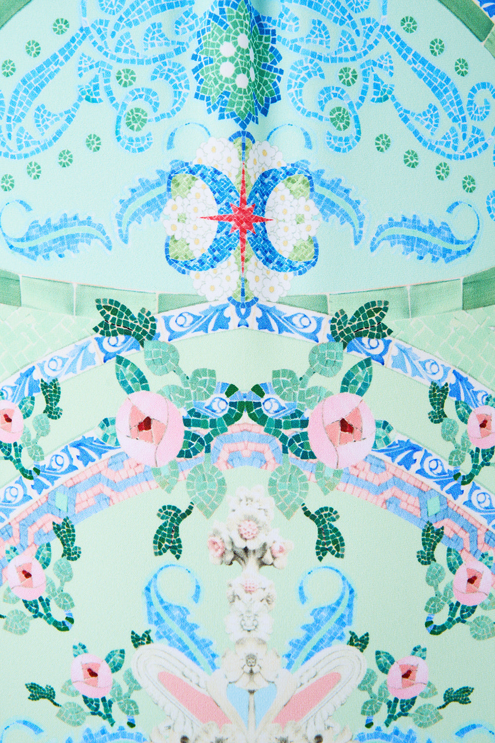 The CAMILLA GATHERED BANDEAU ONE PIECE WITH U RING FRONT MIDSUMMER MOSAICS in our  print.