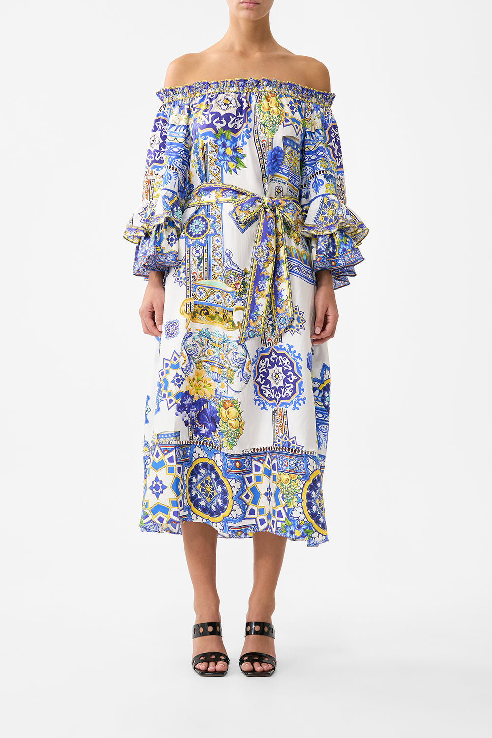 OFF SHOULDER MIDI DRESS WITH FRILL SLEEVE ESPAÑA NIRVANA