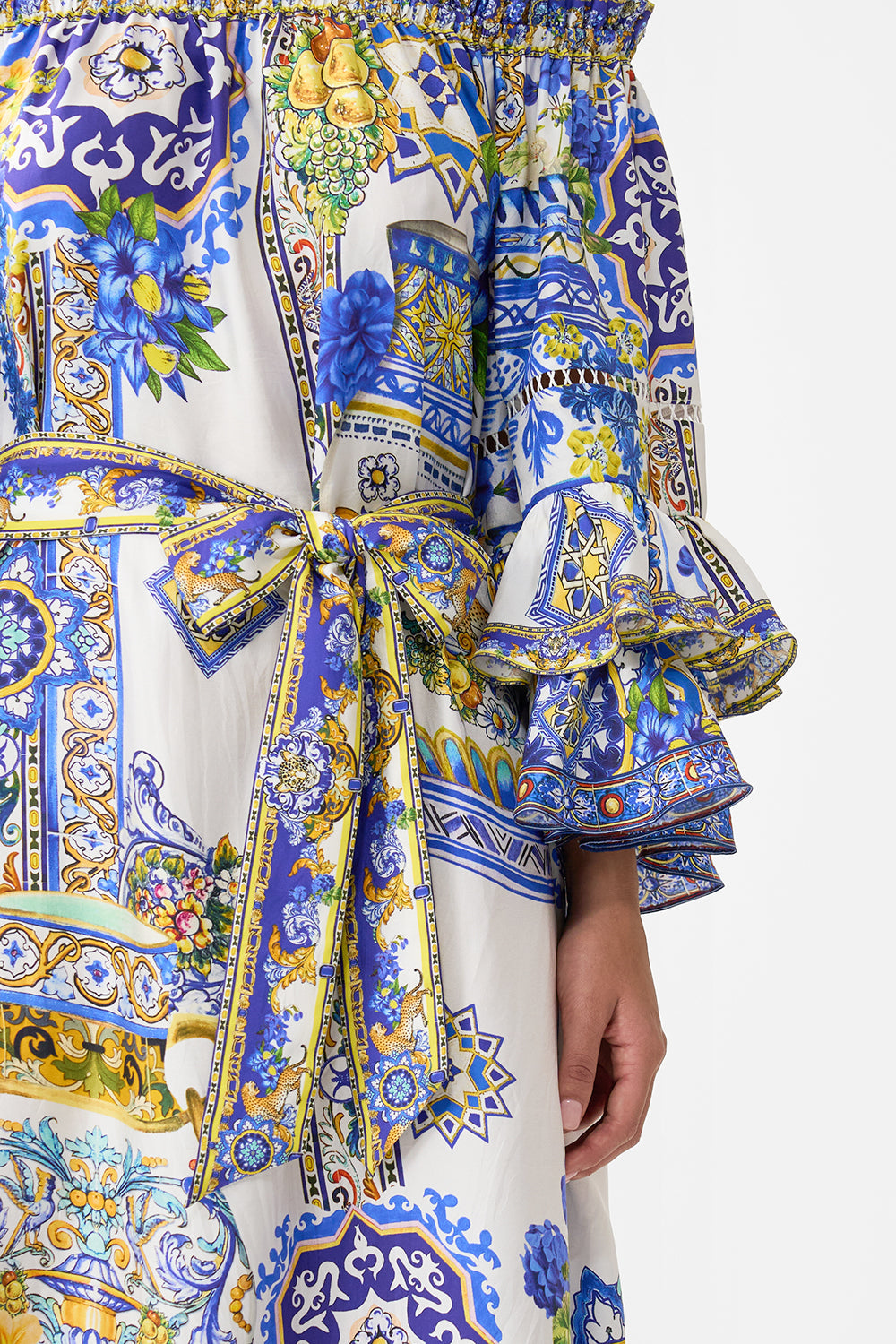 The CAMILLA off shoulder midi dress with frill sleeve in our print España Nirvana.
