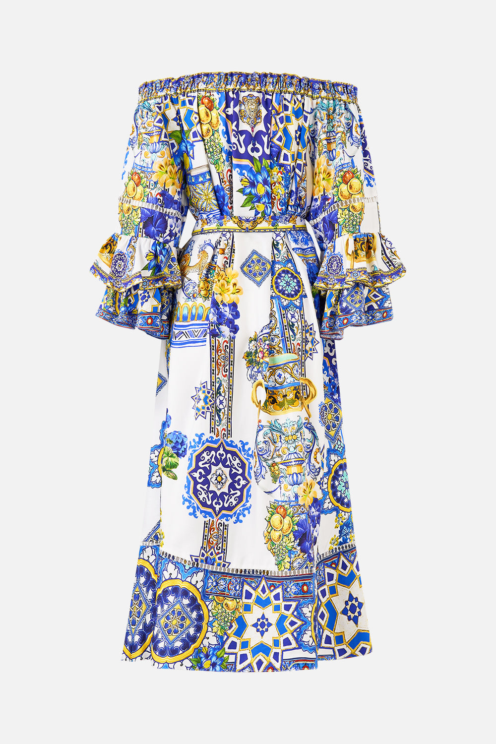 The CAMILLA off shoulder midi dress with frill sleeve in our print España Nirvana.