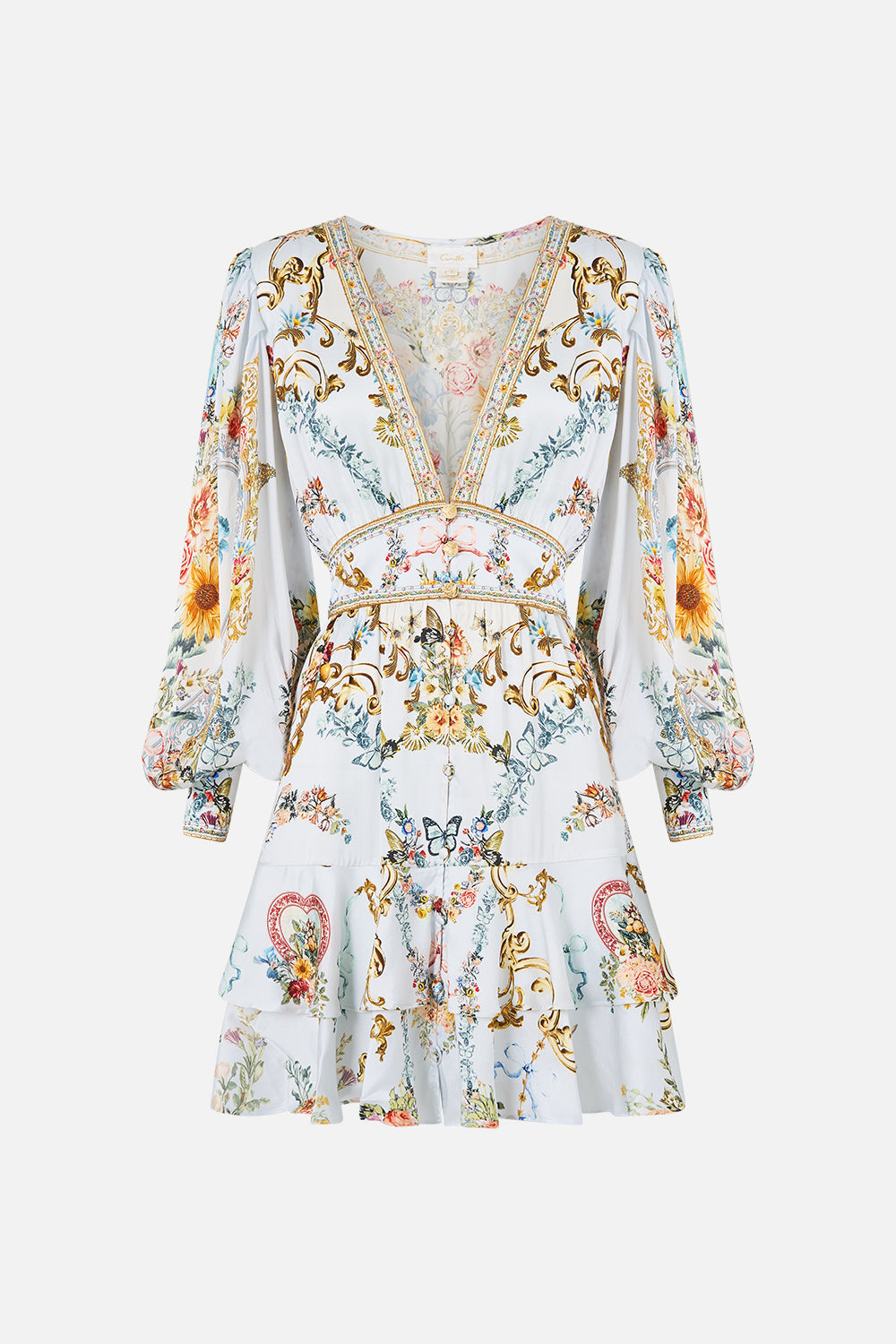 The CAMILLA BUTTON FRONT FRILL DRESS SEVILLE SWEETHEART in our  print.