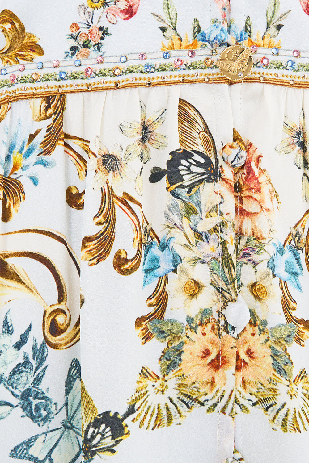 The CAMILLA BUTTON FRONT FRILL DRESS SEVILLE SWEETHEART in our  print.