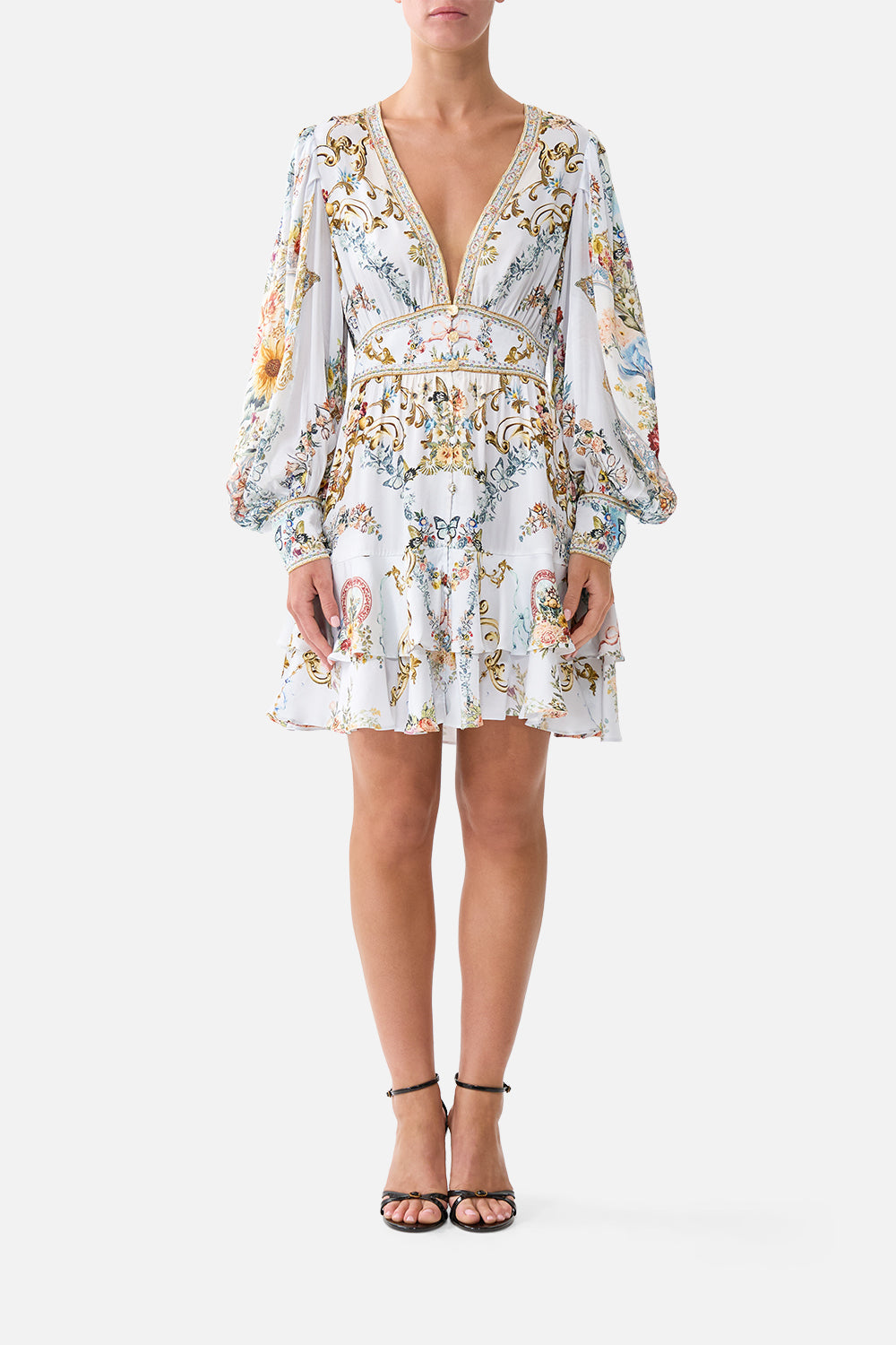 The CAMILLA BUTTON FRONT FRILL DRESS SEVILLE SWEETHEART in our SEVILLE SWEETHEART print.