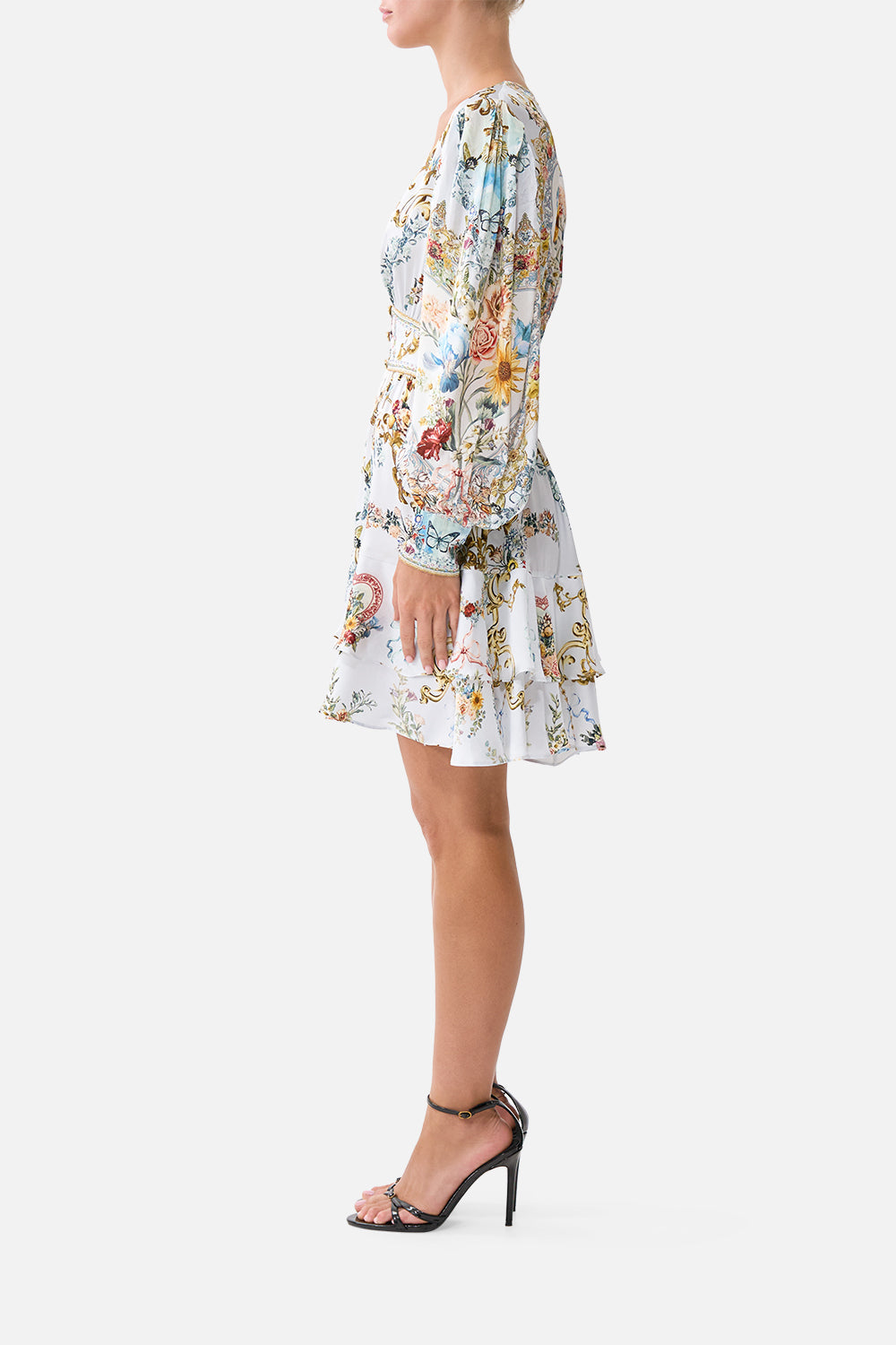 The CAMILLA BUTTON FRONT FRILL DRESS SEVILLE SWEETHEART in our  print.