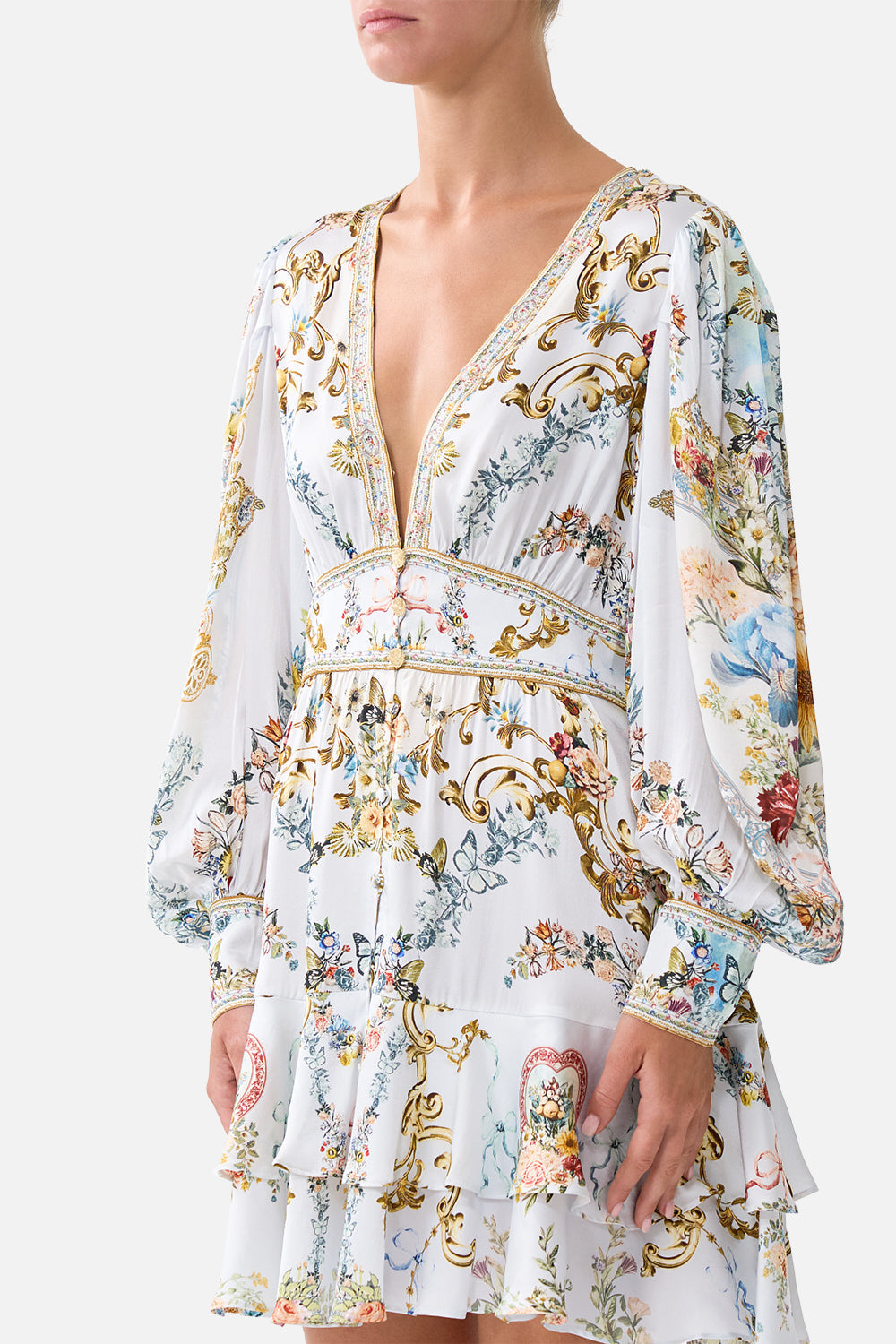 The CAMILLA BUTTON FRONT FRILL DRESS SEVILLE SWEETHEART in our  print.