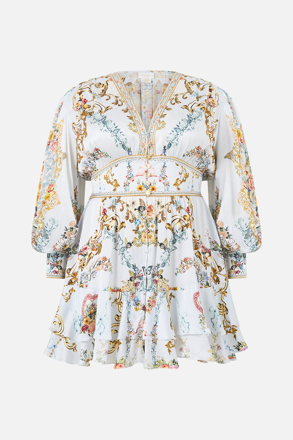 The CAMILLA BUTTON FRONT FRILL DRESS SEVILLE SWEETHEART in our  print.