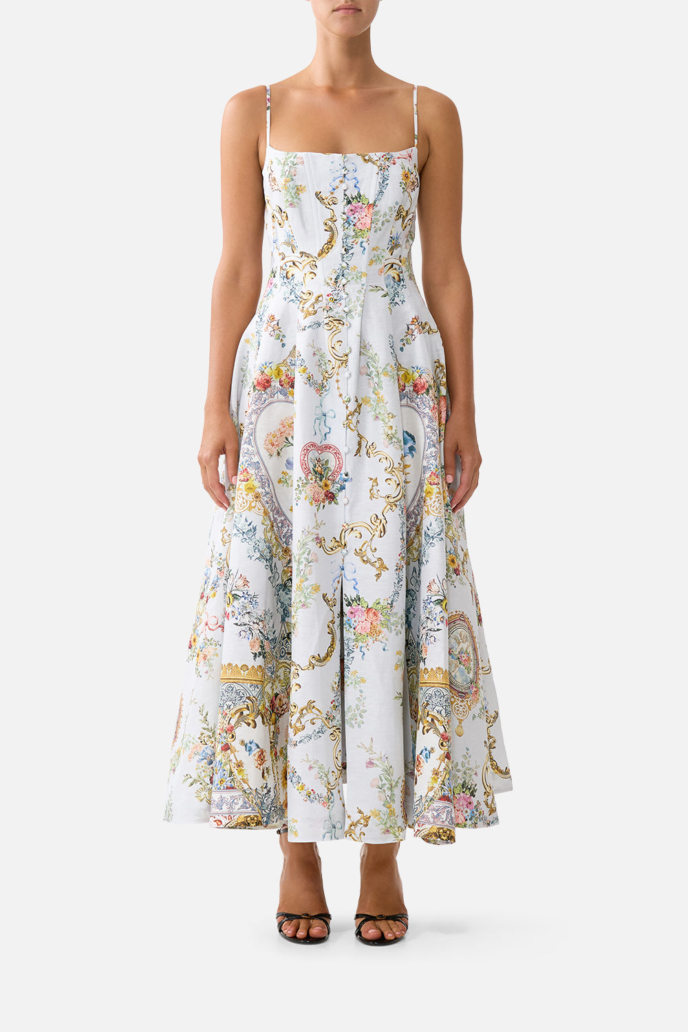 The CAMILLA CORSET DRESS WITH LONG FLARED SKIRT SEVILLE SWEETHEART in our SEVILLE SWEETHEART print.