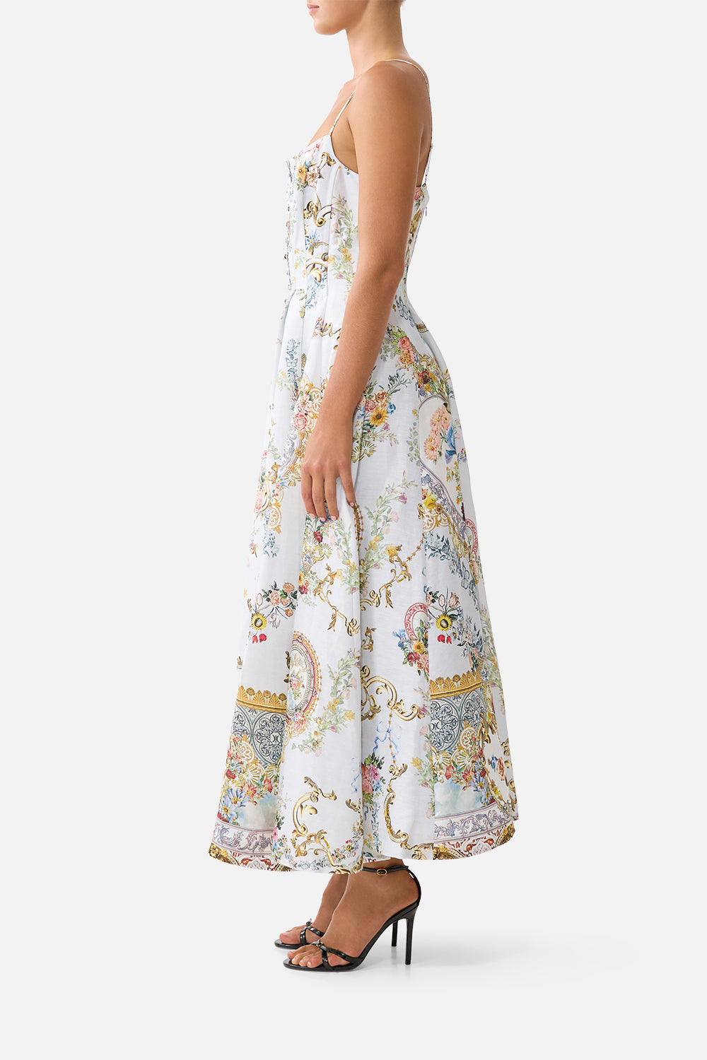The CAMILLA CORSET DRESS WITH LONG FLARED SKIRT SEVILLE SWEETHEART in our  print.