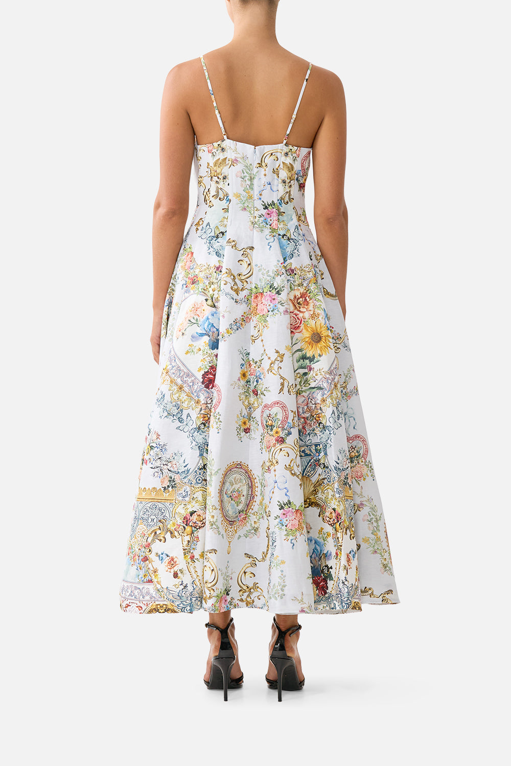 The CAMILLA CORSET DRESS WITH LONG FLARED SKIRT SEVILLE SWEETHEART in our  print.