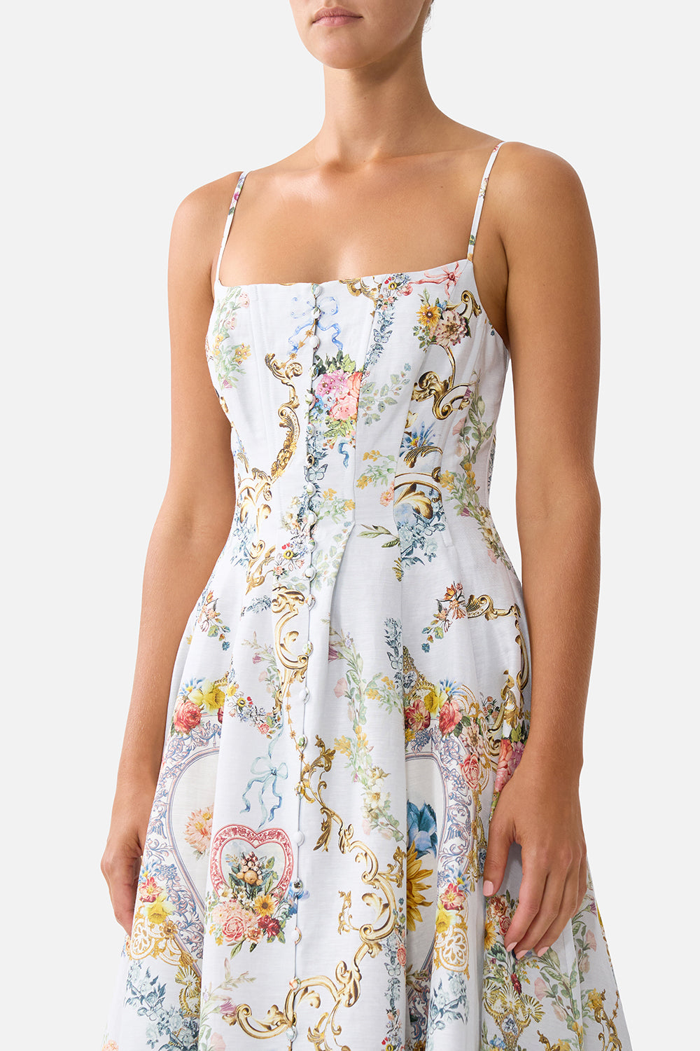 The CAMILLA CORSET DRESS WITH LONG FLARED SKIRT SEVILLE SWEETHEART in our  print.