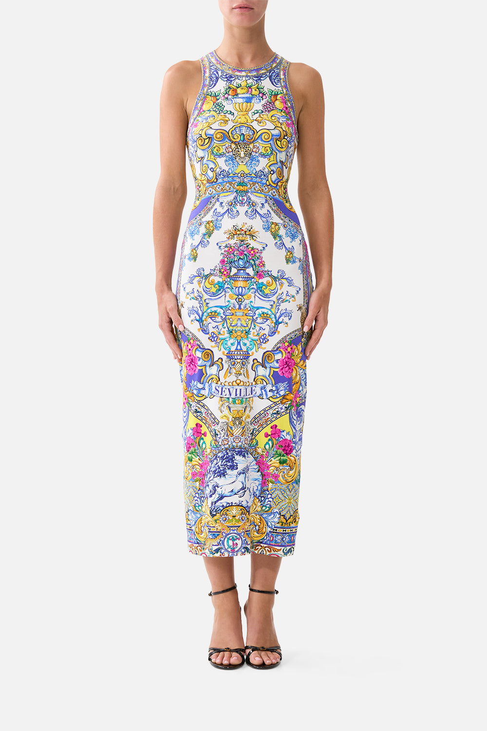 The CAMILLA jersey tank dress in our print España Nirvana. Front model view.