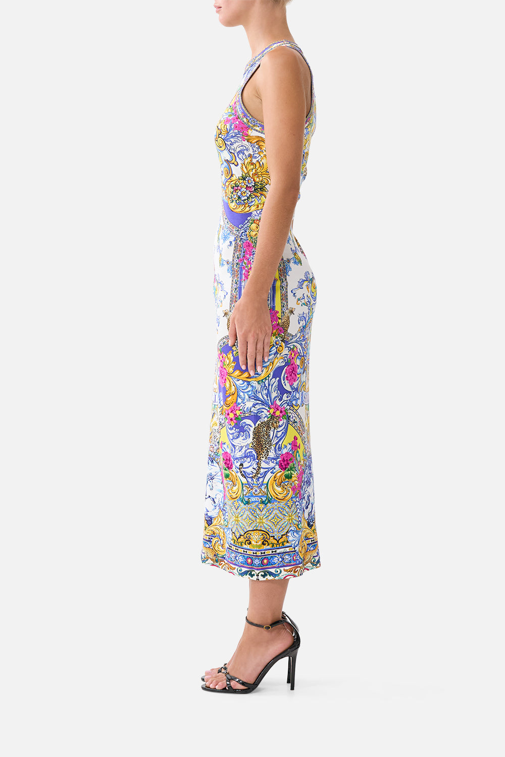 The CAMILLA jersey tank dress in our print España Nirvana. Side model view.