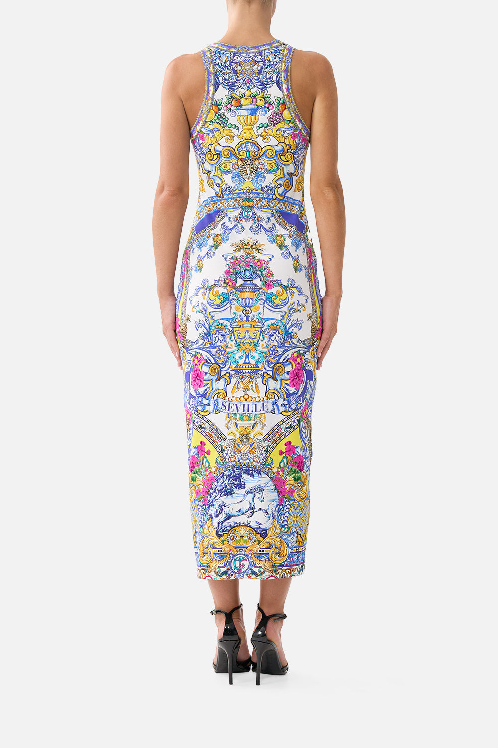 The CAMILLA jersey tank dress in our print España Nirvana. Back model view.