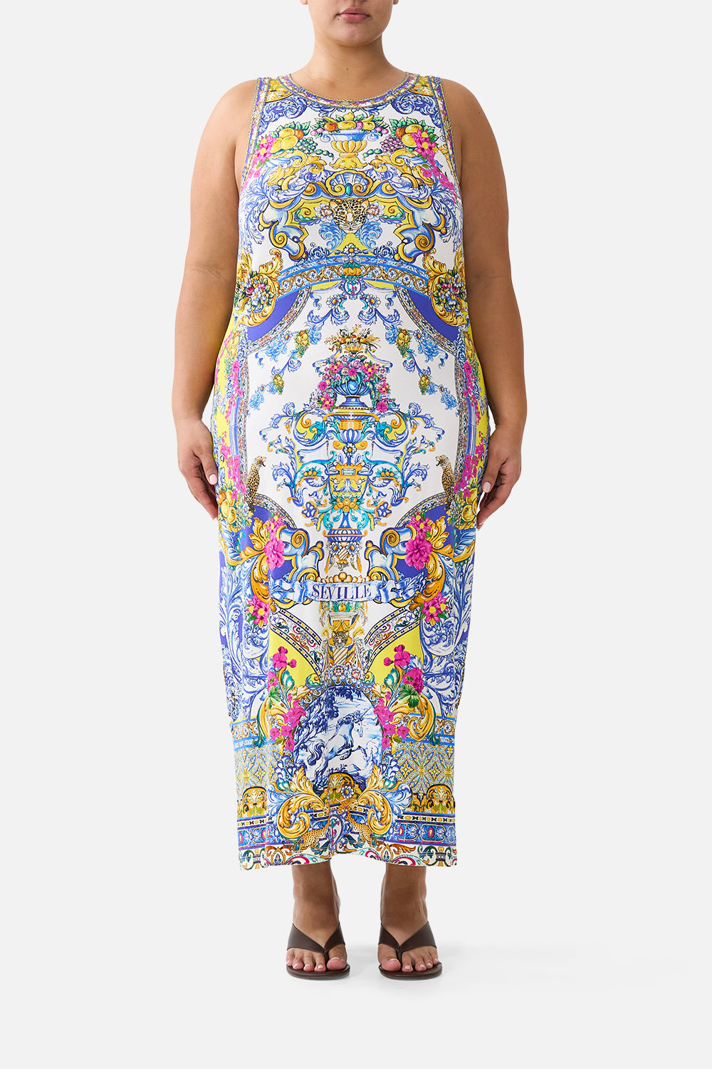 The CAMILLA jersey tank dress in our print España Nirvana. Front model view.