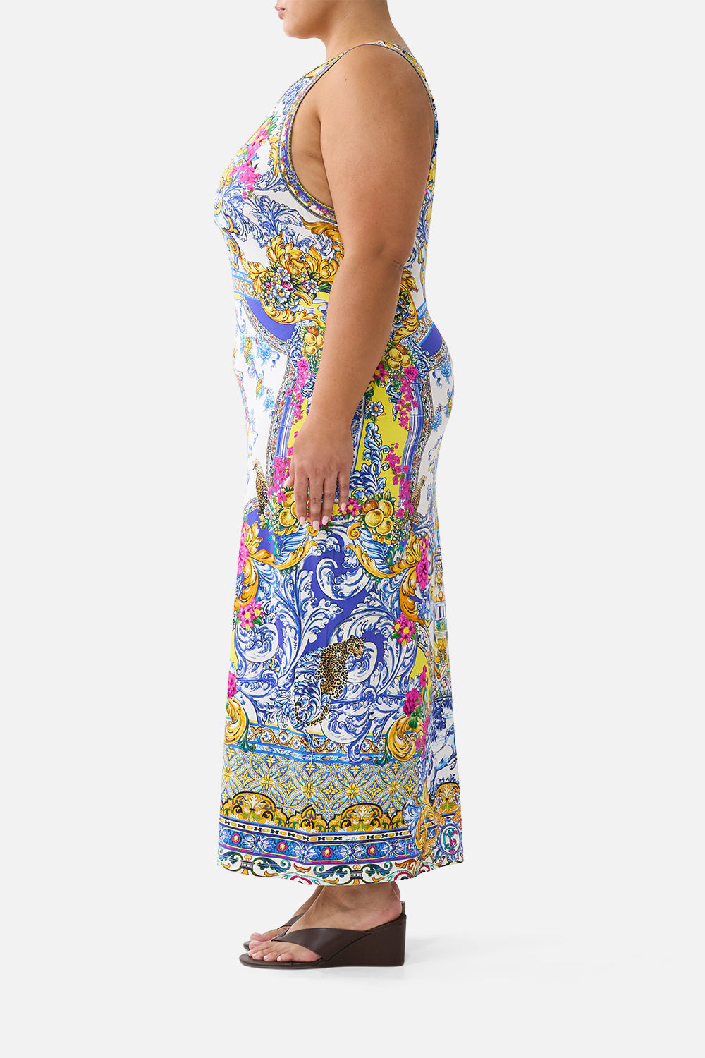 The CAMILLA jersey tank dress in our print España Nirvana. Side model view.