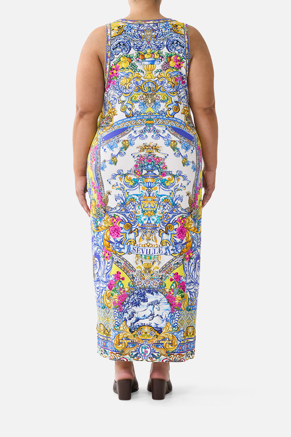 The CAMILLA jersey tank dress in our print España Nirvana. Back model view.