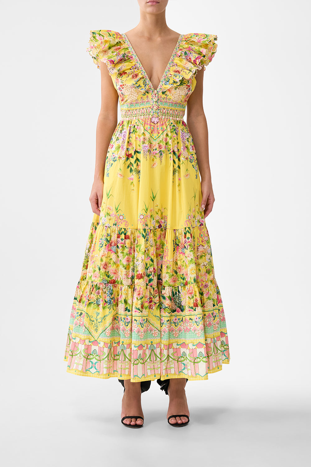 The CAMILLA TIERED DRESS WITH NECK FRILL LADY LIMONADA in our LADY LIMONADA print.