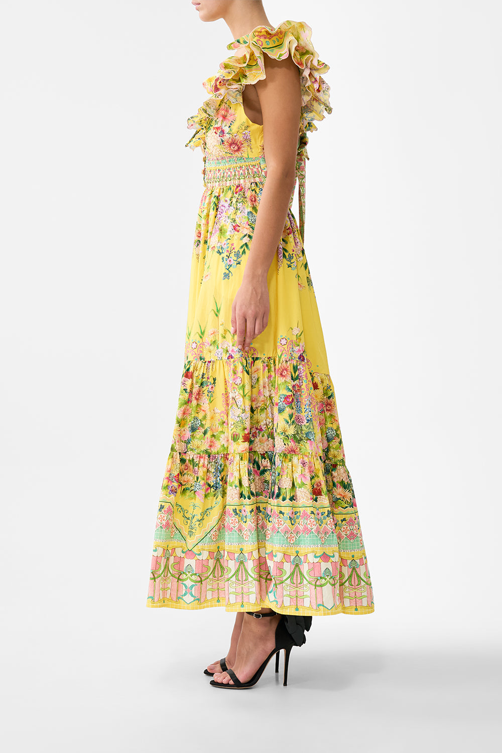 The CAMILLA TIERED DRESS WITH NECK FRILL LADY LIMONADA in our  print.