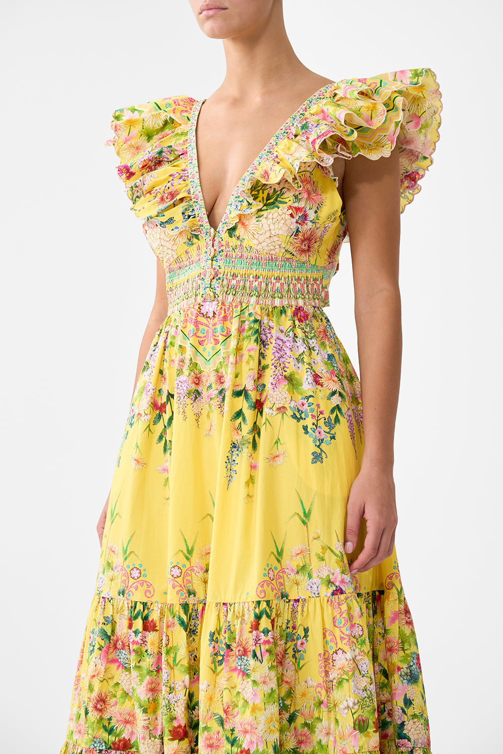 The CAMILLA TIERED DRESS WITH NECK FRILL LADY LIMONADA in our  print.