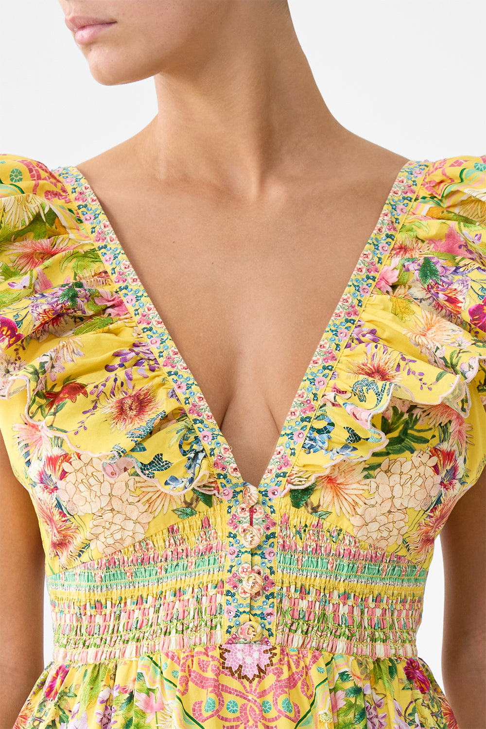 The CAMILLA TIERED DRESS WITH NECK FRILL LADY LIMONADA in our  print.