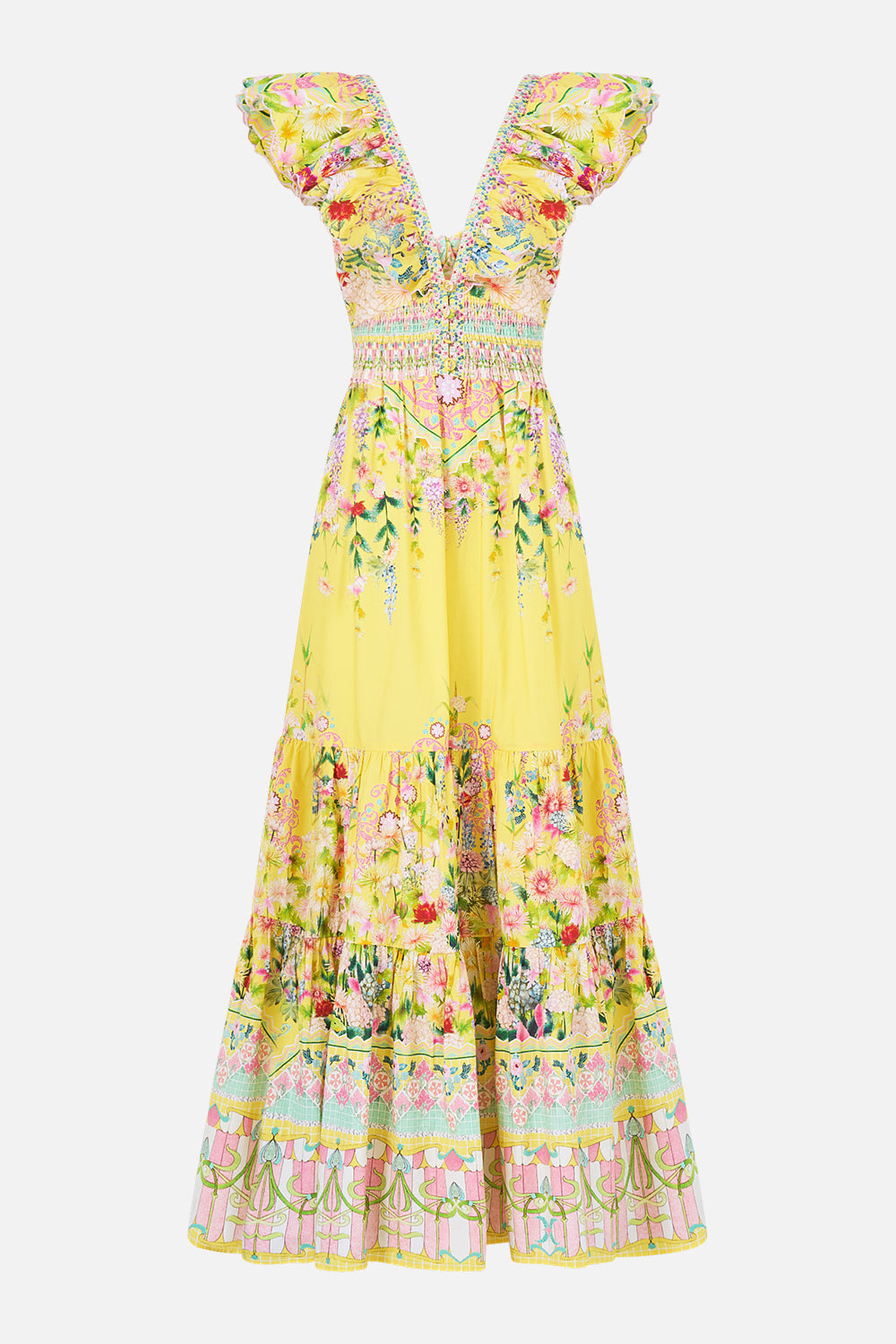 The CAMILLA TIERED DRESS WITH NECK FRILL LADY LIMONADA in our  print.